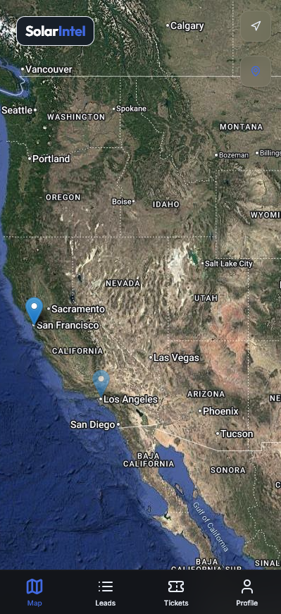 Solar Intel App mobile interface showing map view with lead locations, navigation controls, and bottom tab bar with Map, Leads, Tickets, and Profile sections